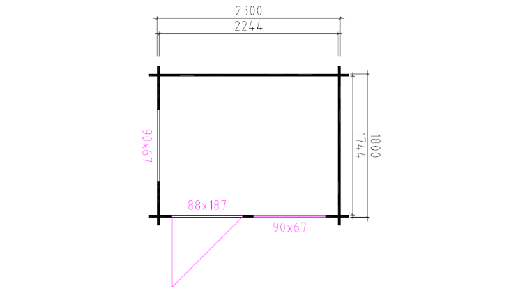 Technische plattegrond met maten van compact houten Interflex 2520 tuinhuis