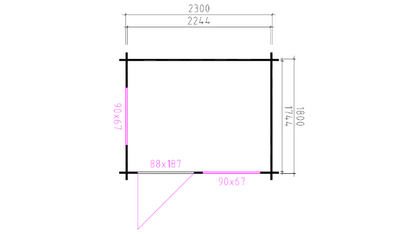 Technische plattegrond met maten van compact houten Interflex 2520 tuinhuis