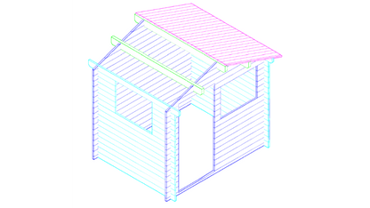 3D lijntekening van houten Interflex 2520 tuinhuis met zadeldak en ramen