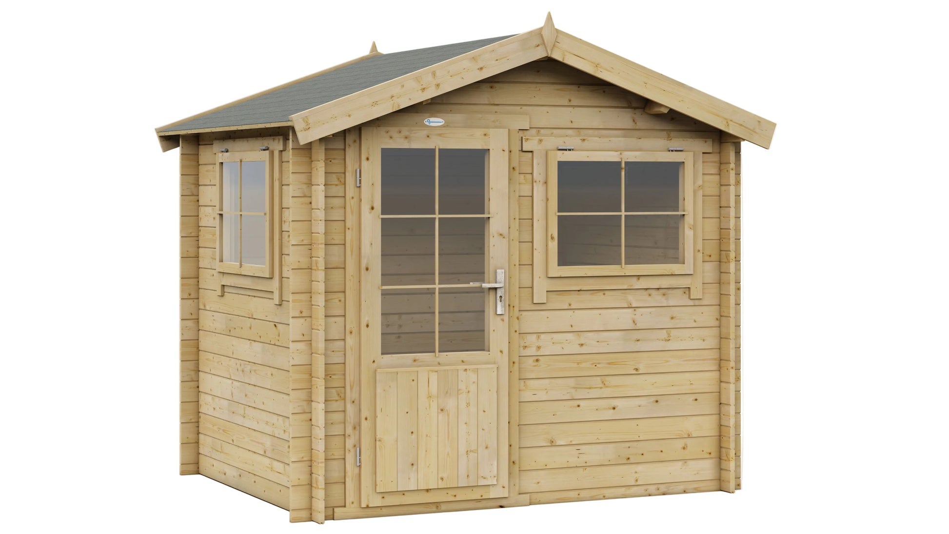 Licht houten Interflex 2520 tuinhuis met ramen en zadeldak vrijstaand op witte achtergrond