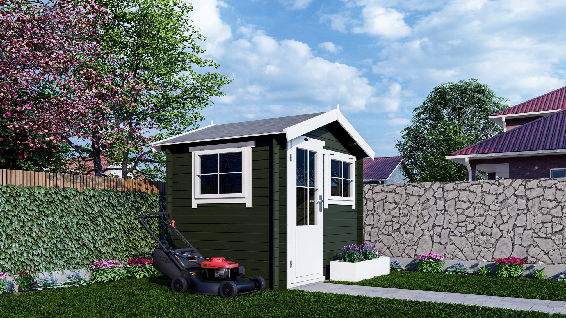 Donker geverfd Interflex 2520 tuinhuis met witte kozijnen in moderne achtertuin