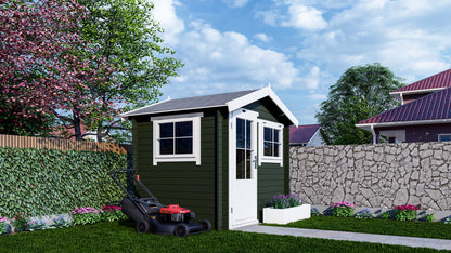 Donker geverfd Interflex 2520 tuinhuis met witte kozijnen in moderne achtertuin