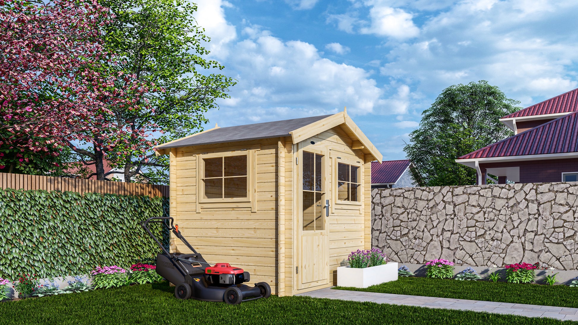 Houten tuinhuis Interflex 2520 met zadeldak in moderne achtertuin met grasmaaier