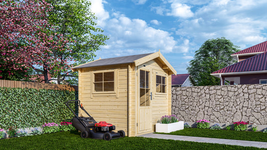 Houten tuinhuis Interflex 2520 met zadeldak in moderne achtertuin met grasmaaier