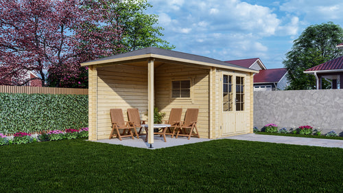 Houten tuinhuis Interflex 2525z met overkapping op ruim terras in moderne tuin