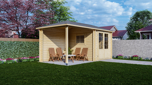 Houten tuinhuis Interflex 2525z met overkapping op ruim terras in moderne tuin