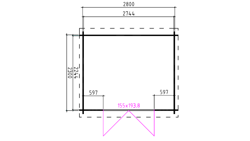 Technische plattegrond van tuinhuis Interflex 3025L met afmetingen en deurpositie