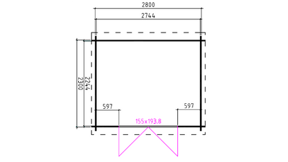 Technische plattegrond van tuinhuis Interflex 3025L met afmetingen en deurpositie