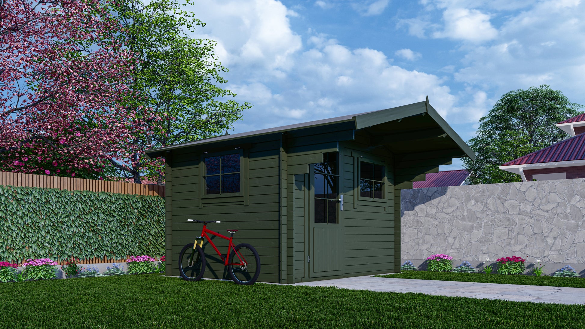 Tuinhuis Interflex 3026 met brede luifel in onderhoudsvriendelijke achtertuin