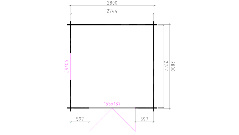 Technische plattegrond van tuinhuis Interflex 3032 met exacte afmetingen en deurpositie
