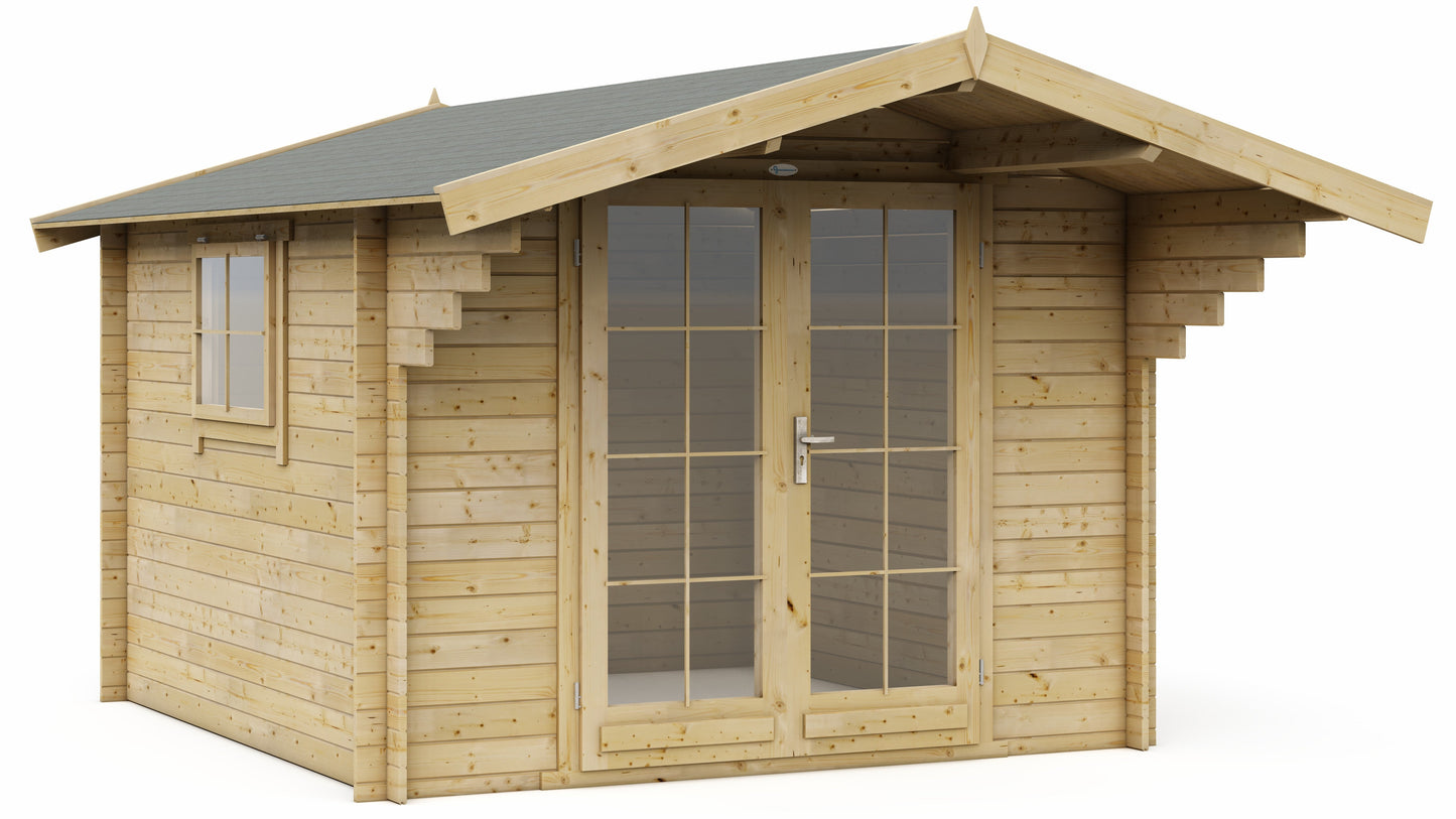 Losstaande houten blokhut Interflex 3032 met dubbele deur en ramen tegen witte achtergrond