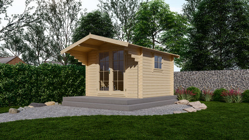 Houten tuinhuis Interflex 3032 met overkapping op ruim terras in groene tuin