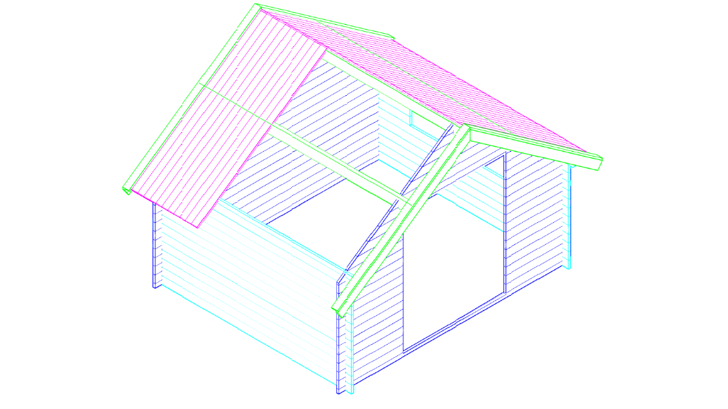 3D-tekening van houten tuinhuis Interflex 3530K met zadeldak en dubbele deuren
