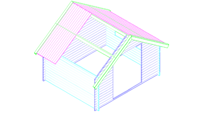 3D-tekening van houten tuinhuis Interflex 3530K met zadeldak en dubbele deuren