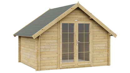 Tuinhuis Interflex 3530K van hout met zadeldak en dubbele deur tegen witte achtergrond