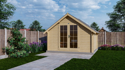 Houten tuinhuis Interflex 3530K met glazen deuren in moderne tuin met terras en gras