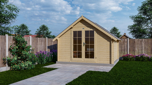 Houten tuinhuis Interflex 3530K met glazen deuren in moderne tuin met terras en gras